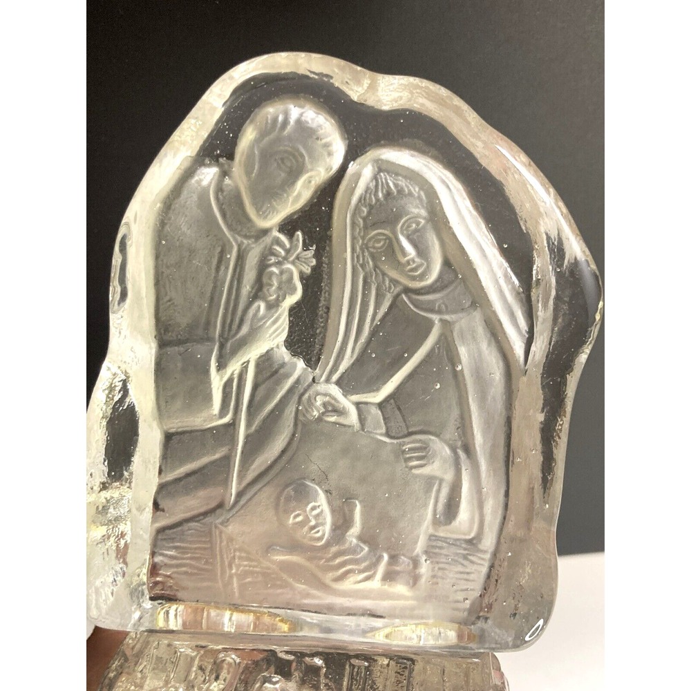 Vtg Frosted Glass Nativity‎ Tea Light Candle Holder Mary Joseph Baby Jesus 5"